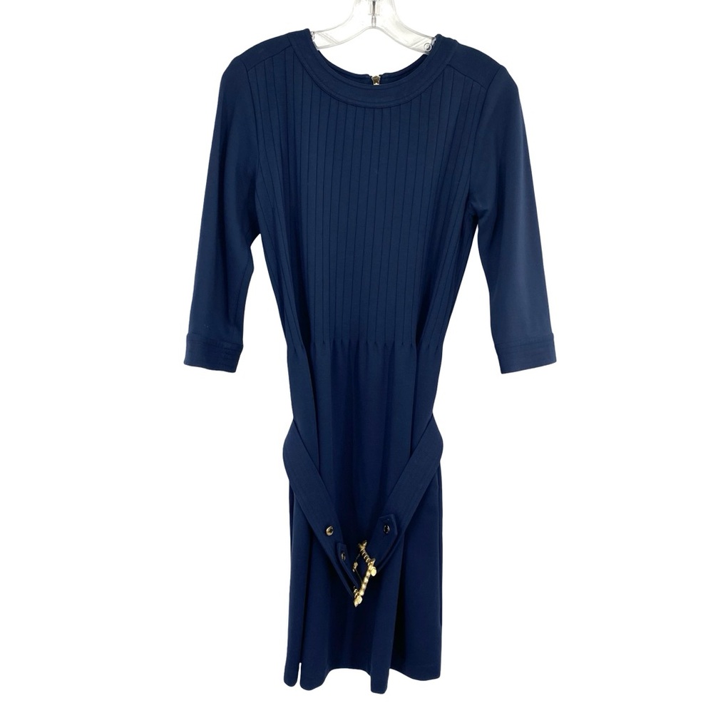 Elizabeth McKay The Pleated Belted Knit Dress Navy Blue - Picture 4 of 10